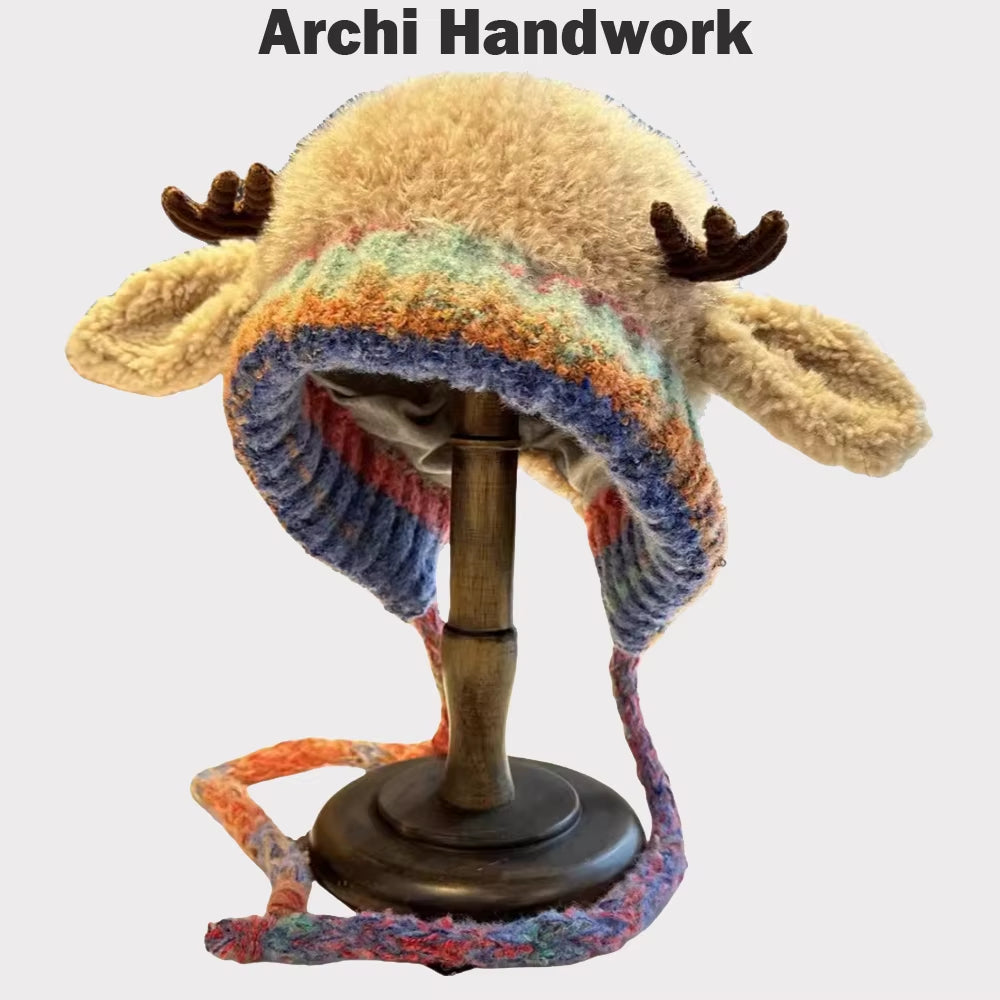 Archi Handwork Christmas Santa Claus Reindeer Antler Hat Horns Headgear Warm Helmet Cosplay Props