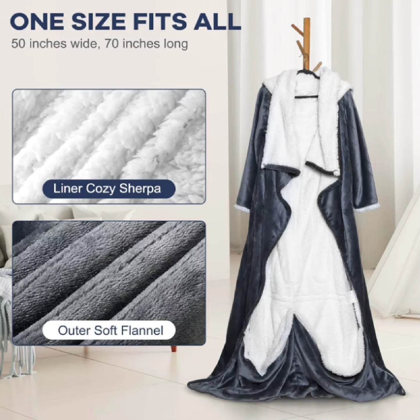 【Hot】50X70Inch Electric Wearable Blanket with Sleeves Hood and Foot Pocket Flannel 10 Heating Levels with 3 Time Settings