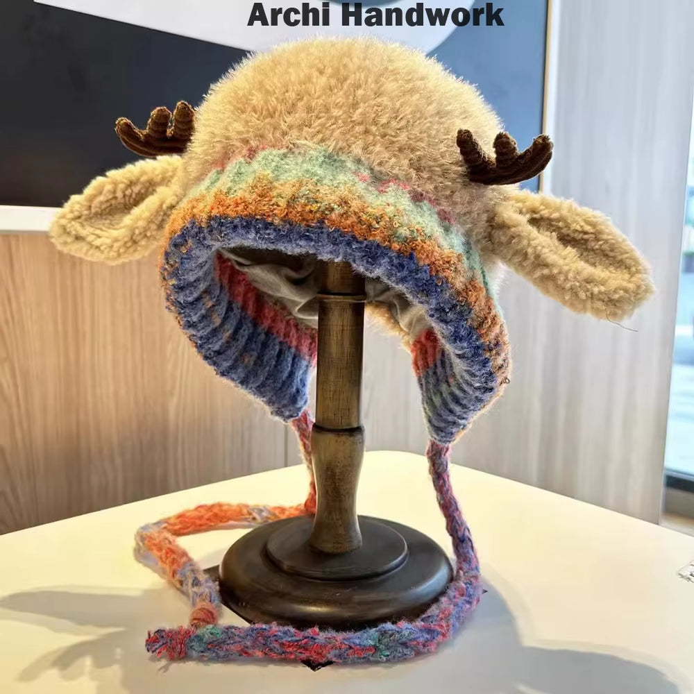 Archi Handwork Christmas Santa Claus Reindeer Antler Hat Horns Headgear Warm Helmet Cosplay Props