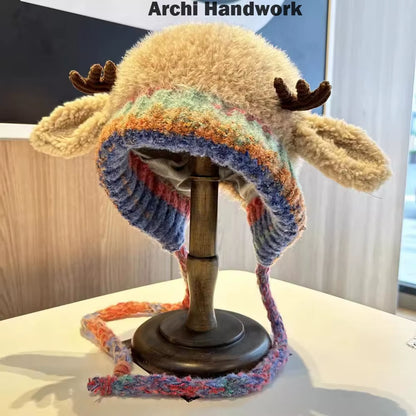 Archi Handwork Christmas Santa Claus Reindeer Antler Hat Horns Headgear Warm Helmet Cosplay Props